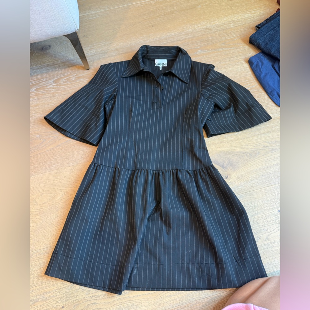 Ganni Black Pinstripe Casual Dress